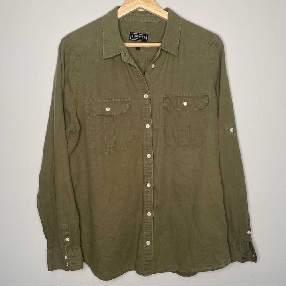 Express Original Green Linen Blend Roll Sleeve Button Shirt (Large)‎